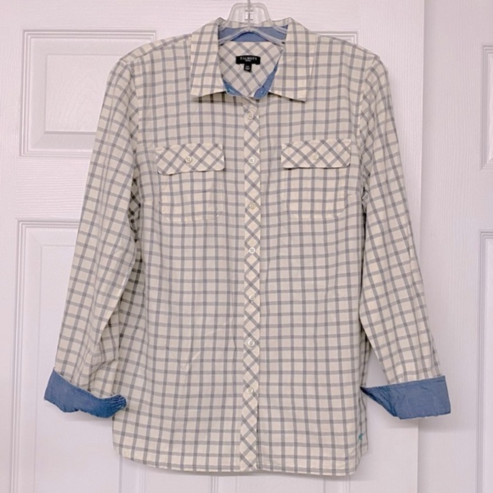 Talbots Cream Gray Metallic Plaid Button Front Top Sz L Petite